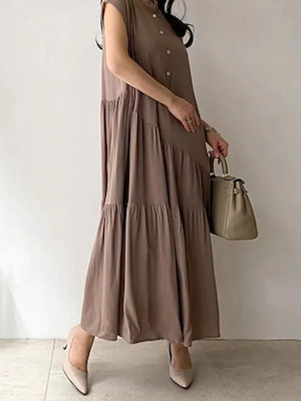 A-Line Loose Buttoned Pleated Ruffled Solid Color Split-Joint Tiered Stand Collar Midi Dresses