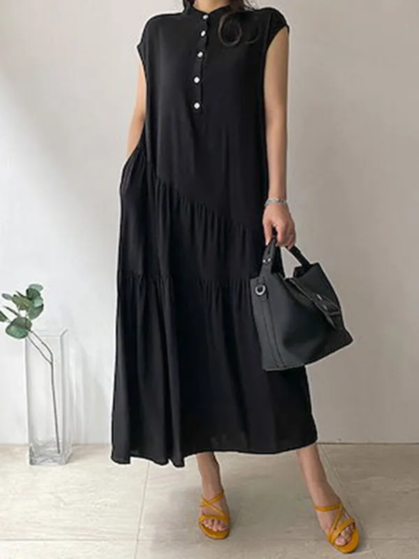 A-Line Loose Buttoned Pleated Ruffled Solid Color Split-Joint Tiered Stand Collar Midi Dresses