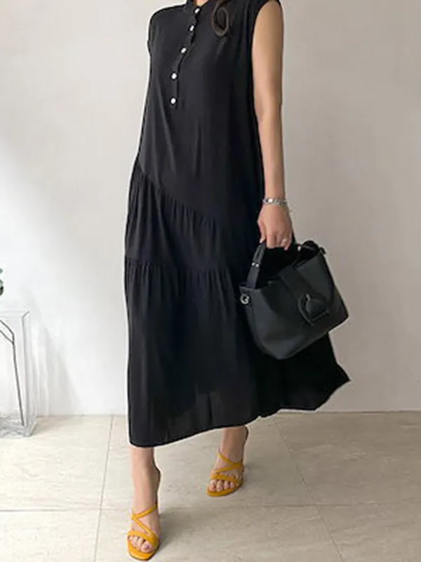 A-Line Loose Buttoned Pleated Ruffled Solid Color Split-Joint Tiered Stand Collar Midi Dresses