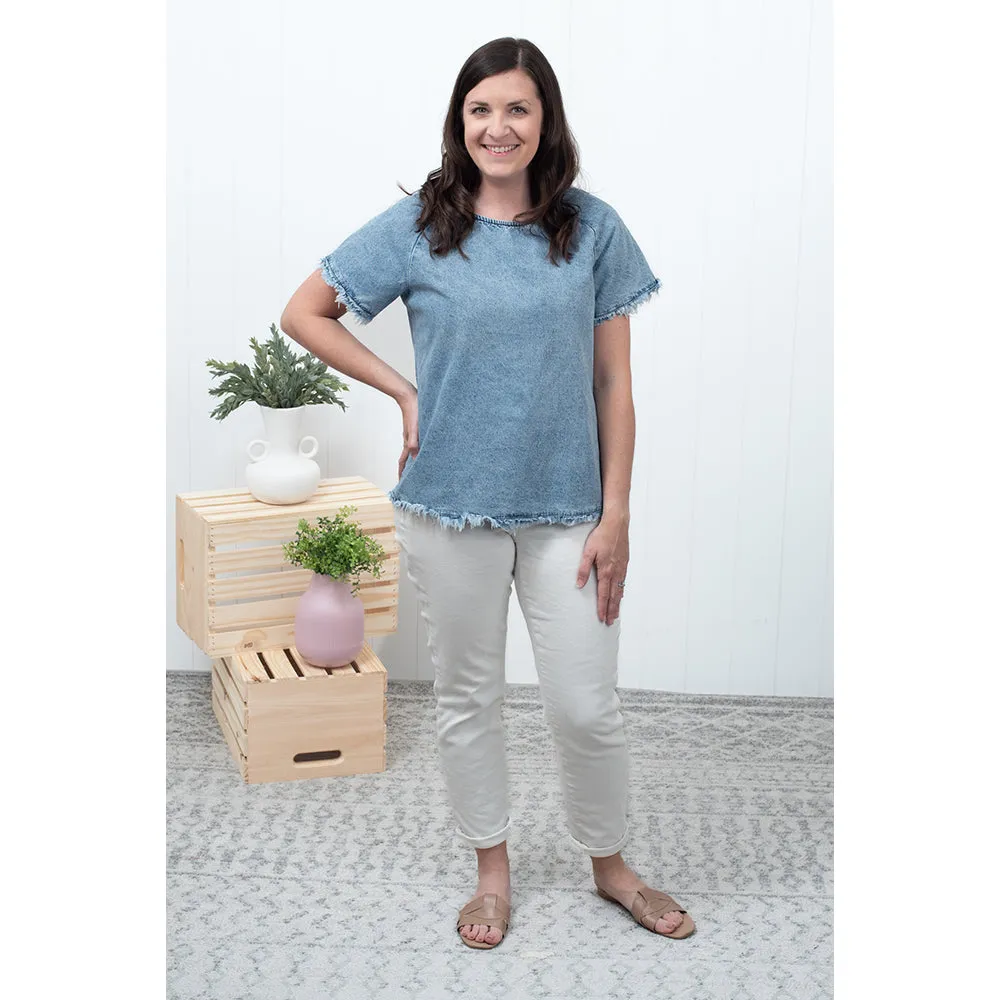 A New Story - Sky Blue Raw Edge Denim Top