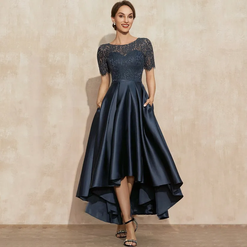 AE09 Navy Blue Satin Prom Dresses O-Neck Lace Short Sleeve Asymmetrical Sexy Party Gowns Vestidos Largos