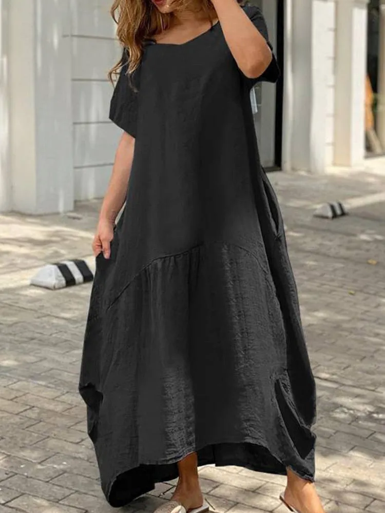 Amy Fashion - Casual O Neck Loose Simple Solid Dresses