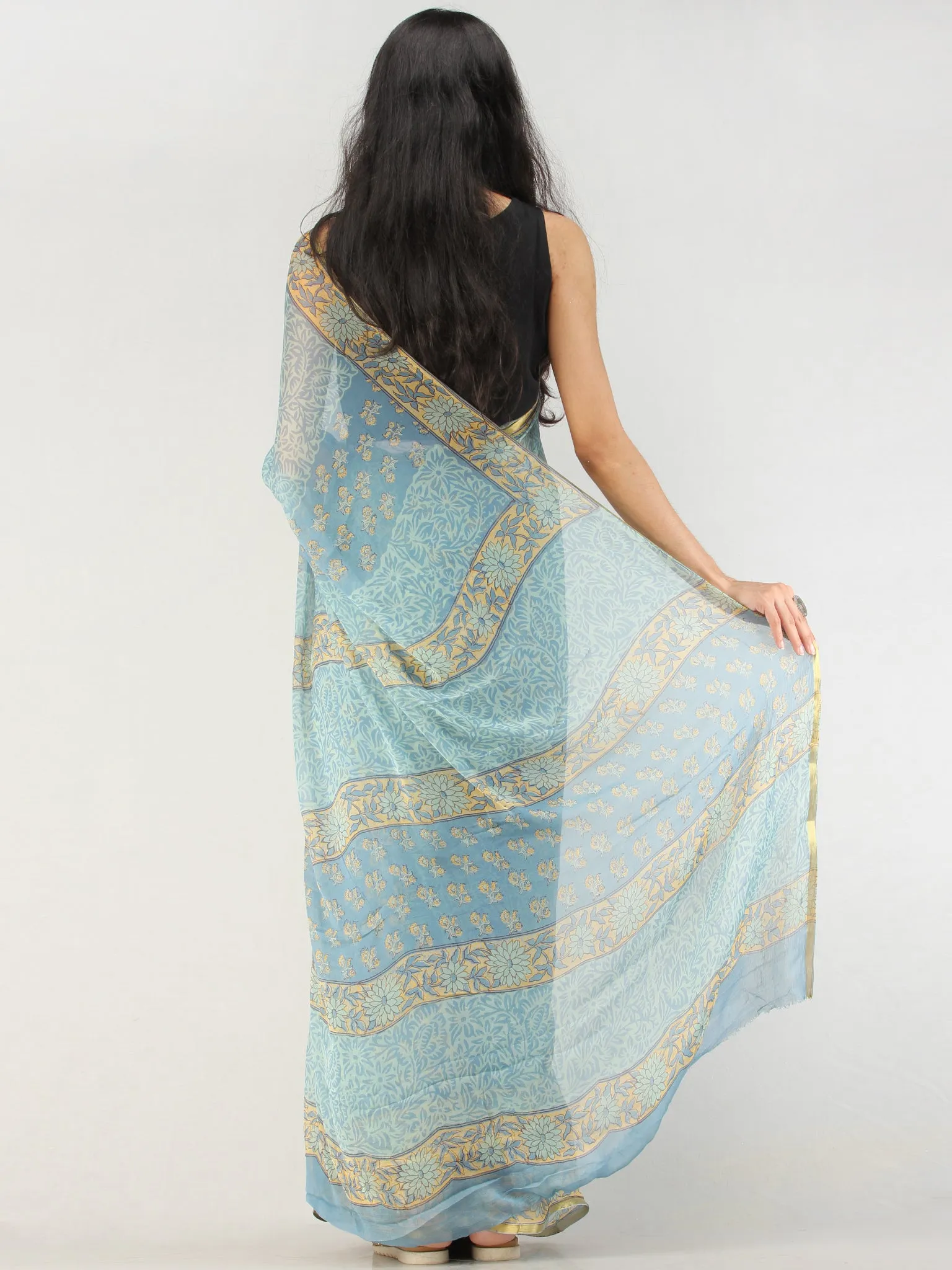 Baby Blue Mustard Hand Block Printed Chiffon Saree with Zari Border - S031704554