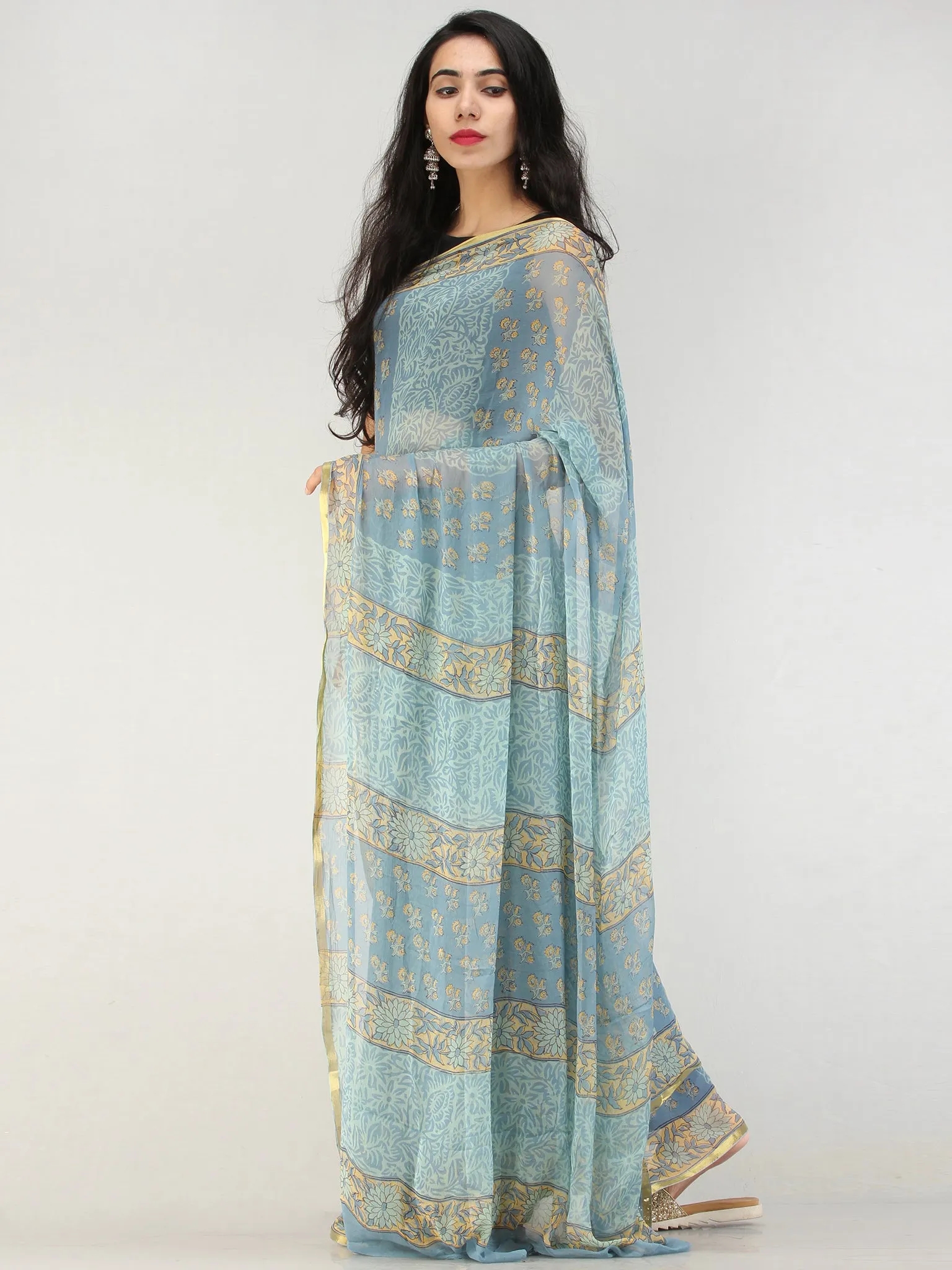 Baby Blue Mustard Hand Block Printed Chiffon Saree with Zari Border - S031704554