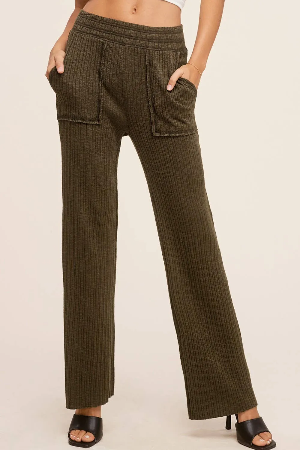 Basic Ribbed Fitted Loungewear Pants with Pockets (Olive & Charcoal)