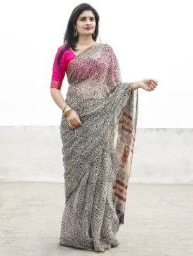 Beige Black Hand Block Printed Chiffon Saree with zari border- S031702567