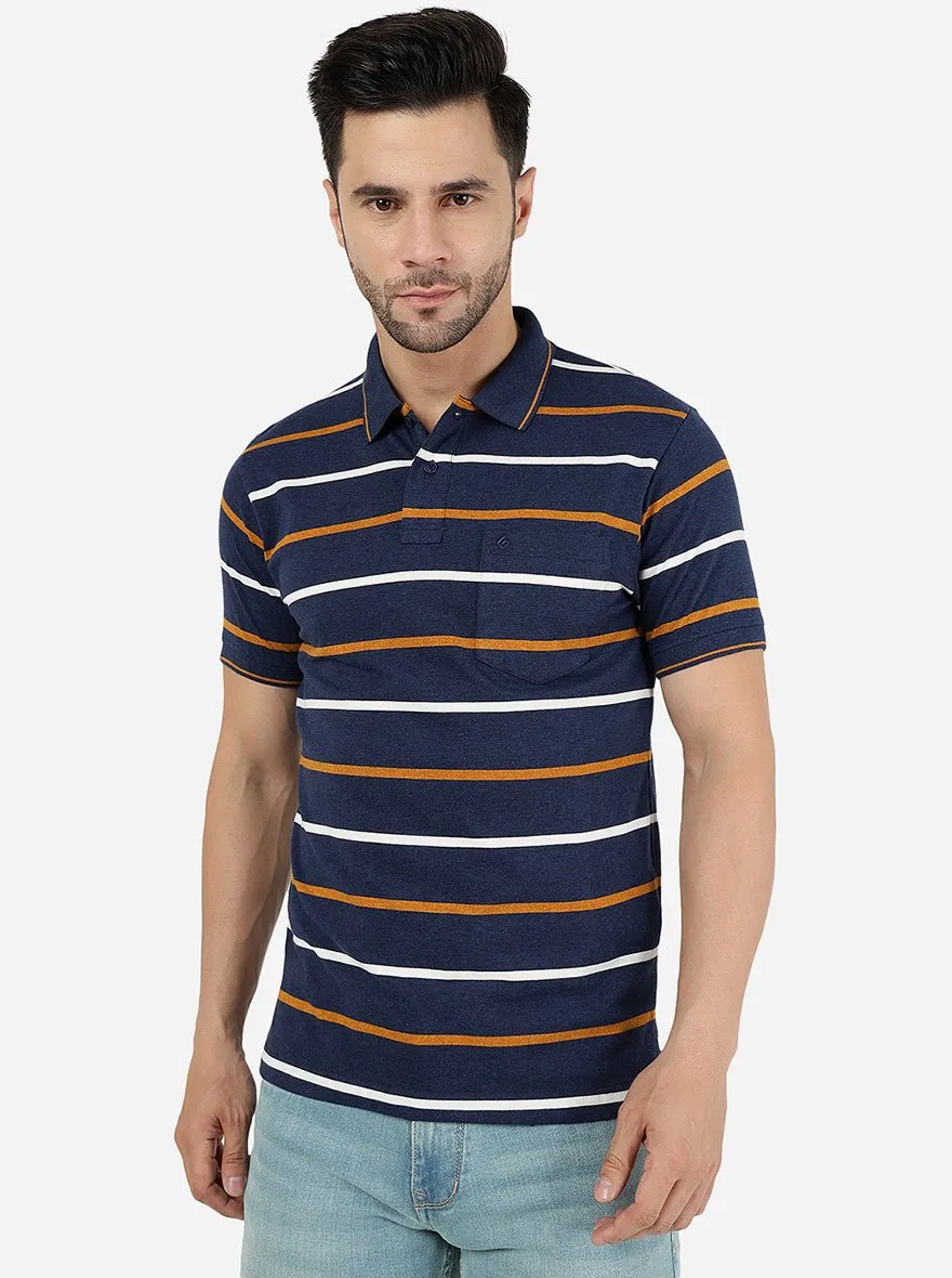 Blue & Yellow Striped Slim Fit Polo T-Shirt | Greenfibre