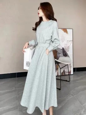 Casual Solid Color Long Sleeves Sweatshirt Dress Midi Dress