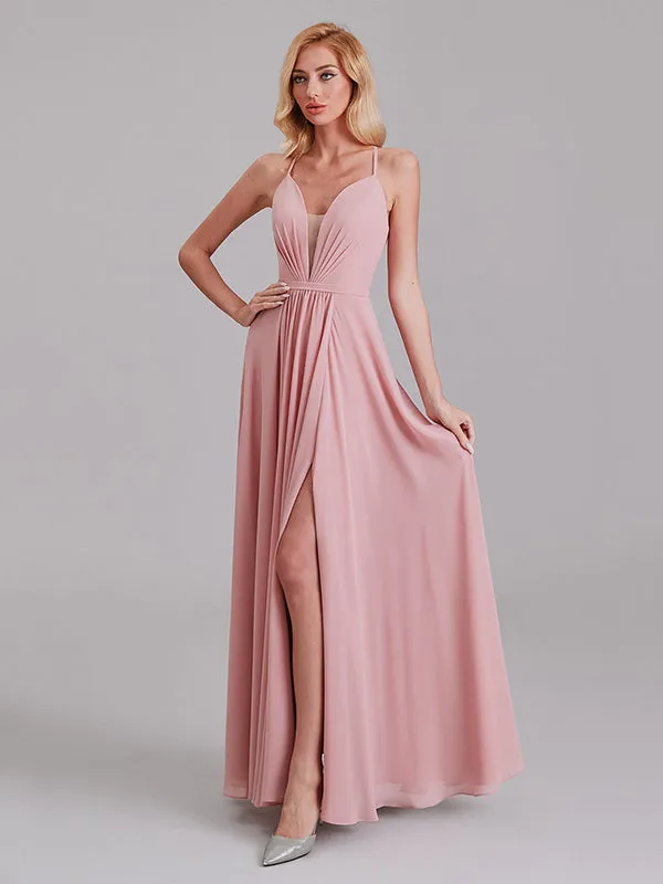 Charming A-Line V-Neck Spaghetti Straps Long Bridesmaid Dress With Slit