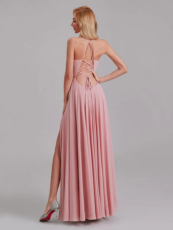 Charming A-Line V-Neck Spaghetti Straps Long Bridesmaid Dress With Slit