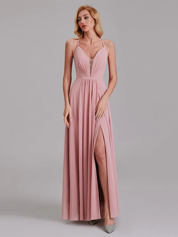 Charming A-Line V-Neck Spaghetti Straps Long Bridesmaid Dress With Slit