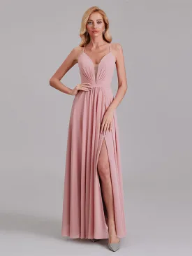 Charming A-Line V-Neck Spaghetti Straps Long Bridesmaid Dress With Slit