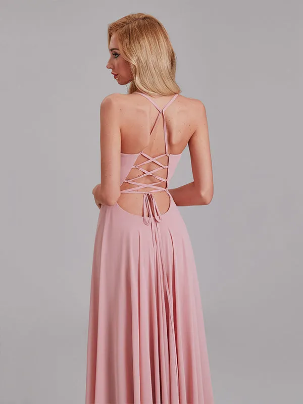 Charming A-Line V-Neck Spaghetti Straps Long Bridesmaid Dress With Slit