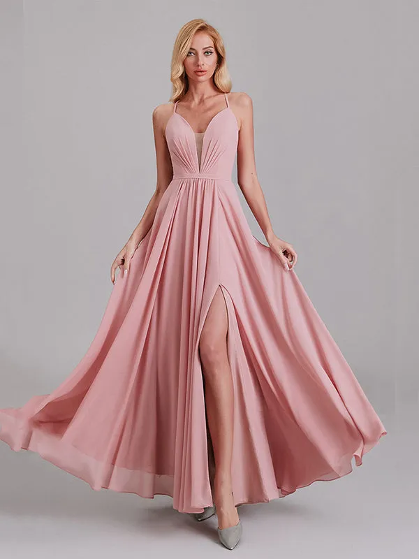 Charming A-Line V-Neck Spaghetti Straps Long Bridesmaid Dress With Slit