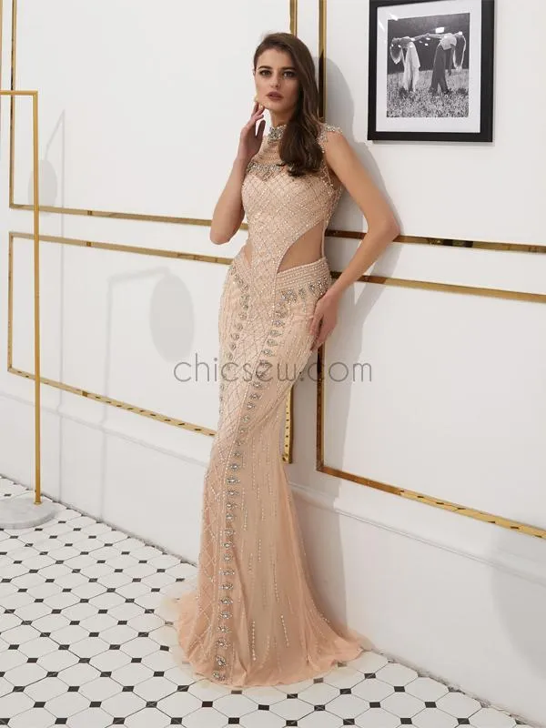 Charming Cap Sleeves Rhinestone Mermaid Long Evening Prom Dresses, XDM1130