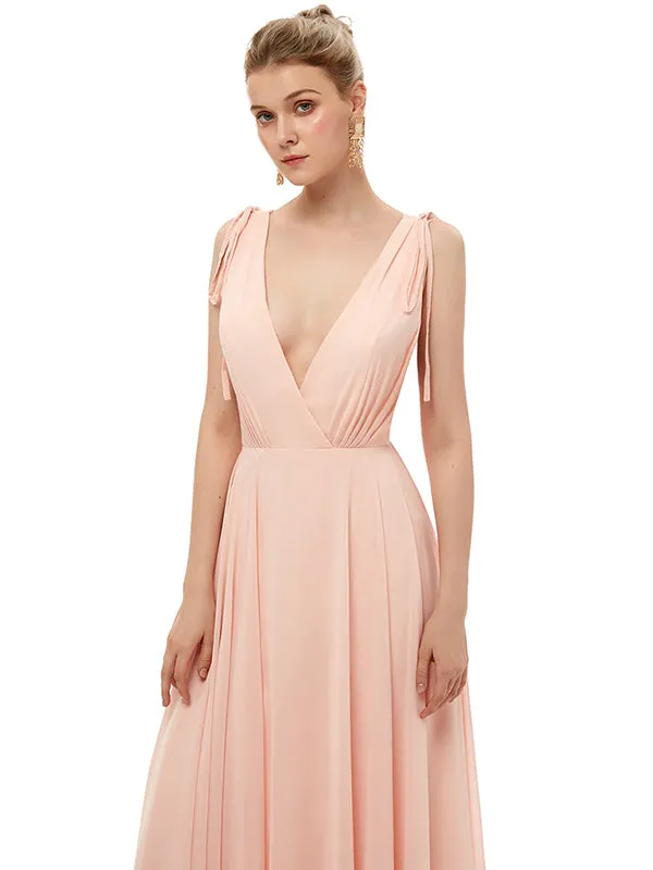 Charming Deep V Neck Straps Floor Length Bridesmaid Dresses