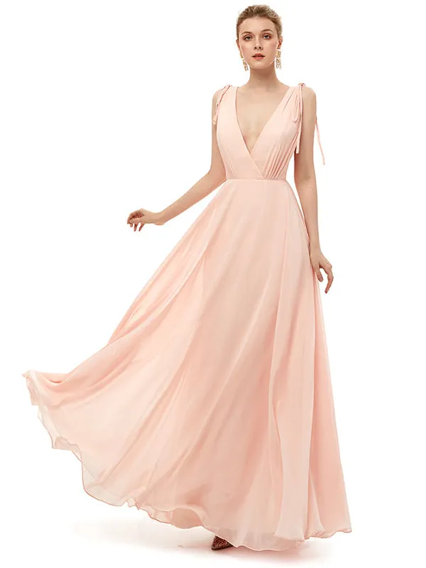 Charming Deep V Neck Straps Floor Length Bridesmaid Dresses