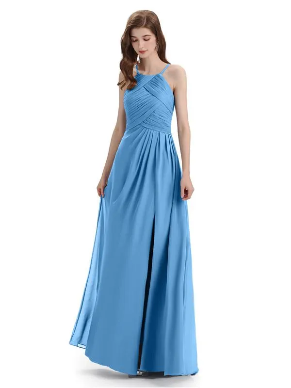 Charming Halter Side Slit Floor Lenght Bridesmaid Dresses