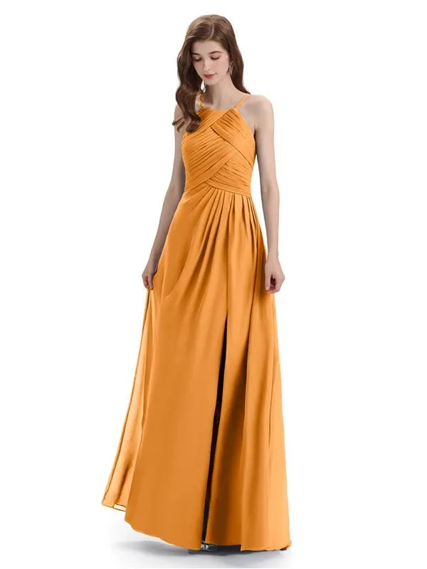 Charming Halter Side Slit Floor Lenght Bridesmaid Dresses