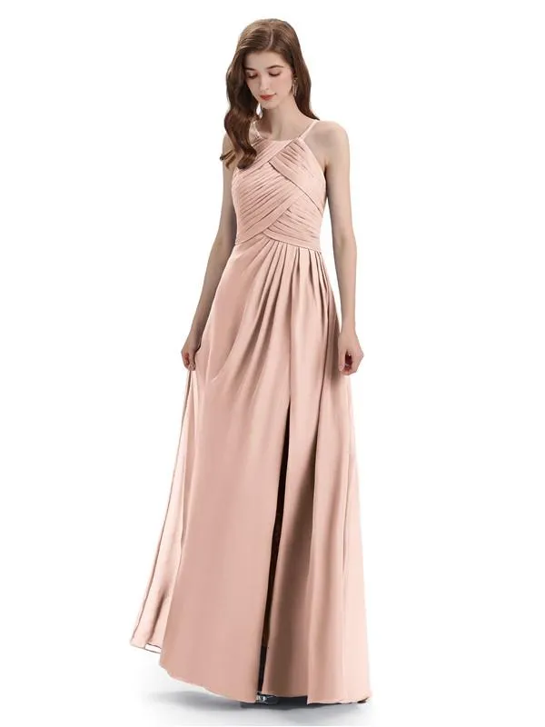 Charming Halter Side Slit Floor Lenght Bridesmaid Dresses