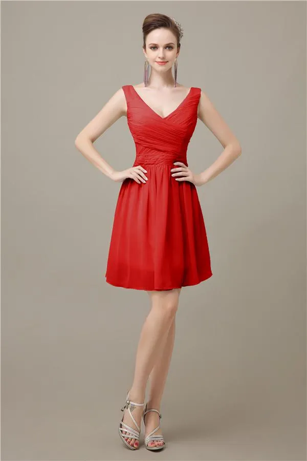 Charming V-neck Chiffon A-line Knee-Length Bridesmaid Dresses