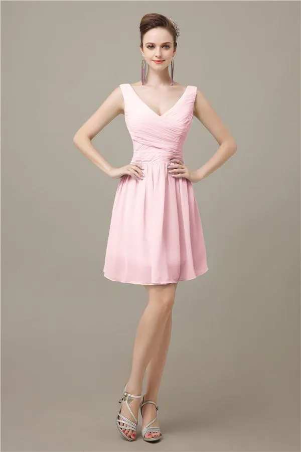 Charming V-neck Chiffon A-line Knee-Length Bridesmaid Dresses