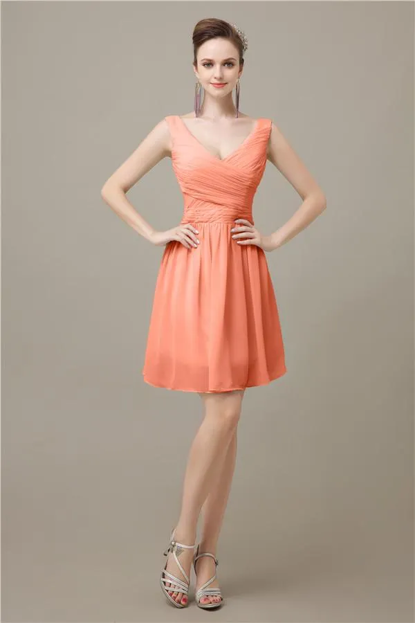 Charming V-neck Chiffon A-line Knee-Length Bridesmaid Dresses