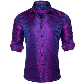 DiBanGu Tuxedo Shirt Purple Blue Floral Silk Button Up Men's Long Sleeve Dress Shirt