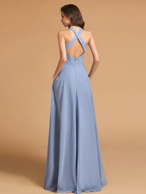 Elegant Halter Sleeveless Floor Length Bridesmaid dresses