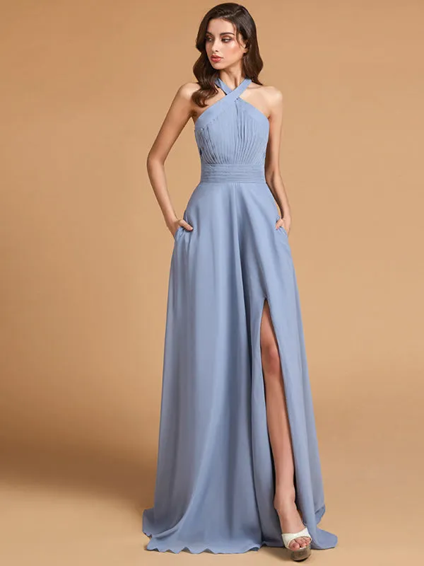 Elegant Halter Sleeveless Floor Length Bridesmaid dresses