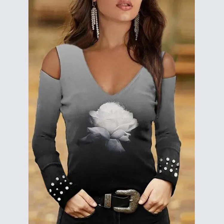 Fashion V-neck sexy off-shoulder gradient flower long-sleeved T-shirt