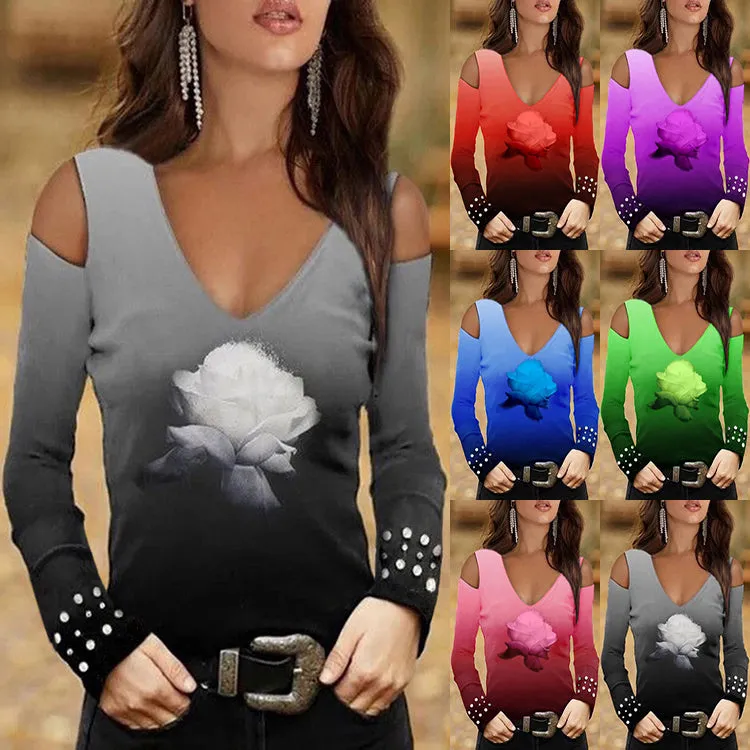 Fashion V-neck sexy off-shoulder gradient flower long-sleeved T-shirt