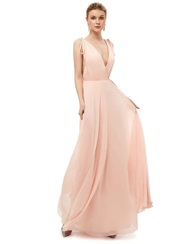 Flash Sale Charming Deep V Neck Straps Floor Length Bridesmaid Dresses