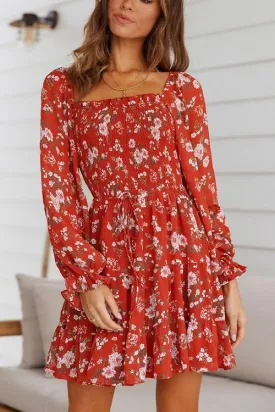 Flroal Print Square Neck Long Sleeve Mini Dress