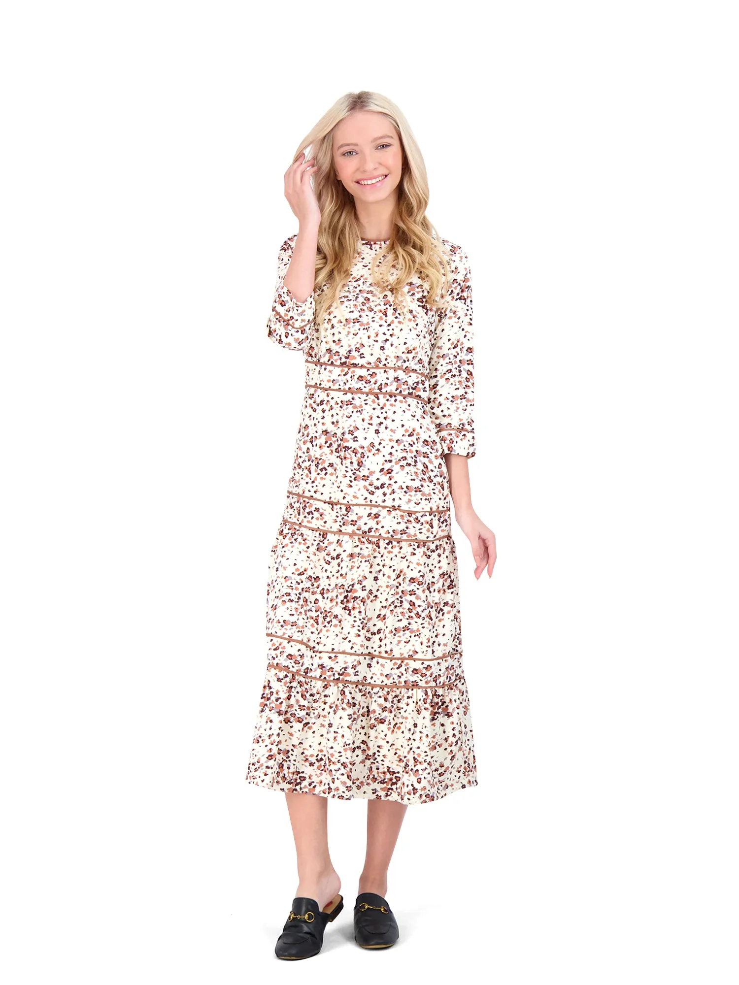 Ginger Piping Floral Print Midi Dress