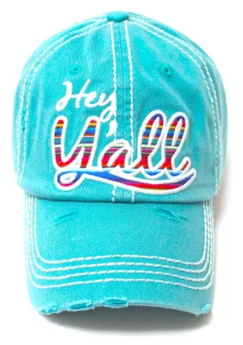 Hey Y'all Serape Monogram Embroidery Adjustable Hat, Vintage Turquoise