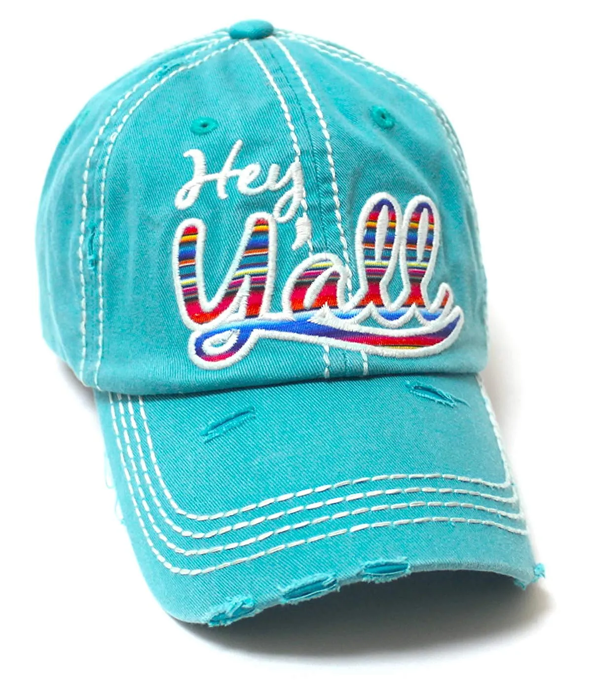 Hey Y'all Serape Monogram Embroidery Adjustable Hat, Vintage Turquoise