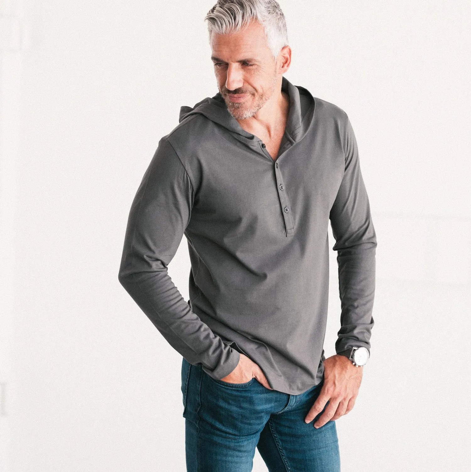 Hooded Henley Shirt –  Slate Gray Cotton Jersey