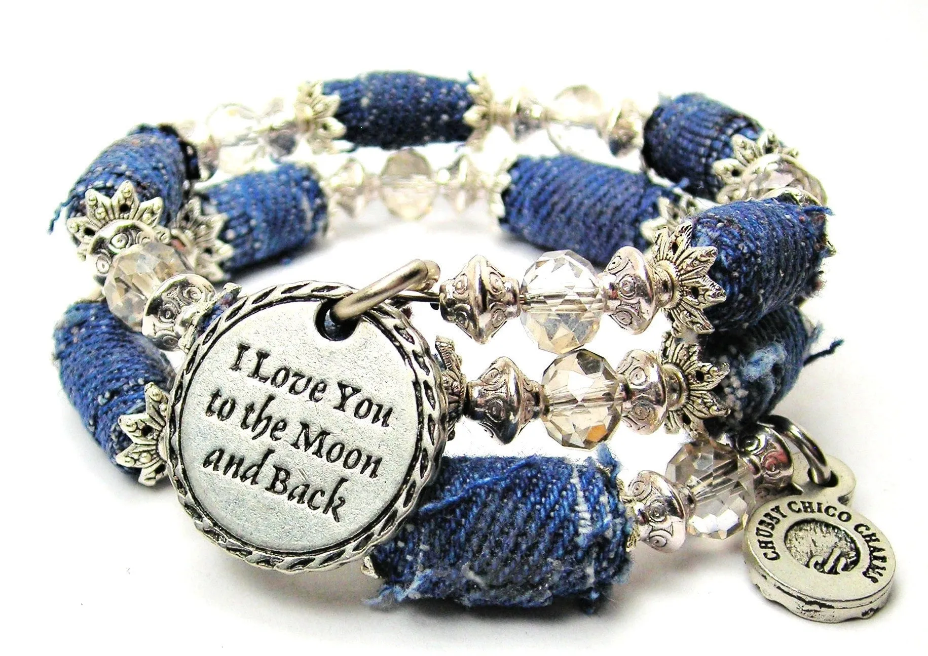 I Love You To The Moon And Back Detailed Trim Blue Jean Beaded Wrap Bracelet