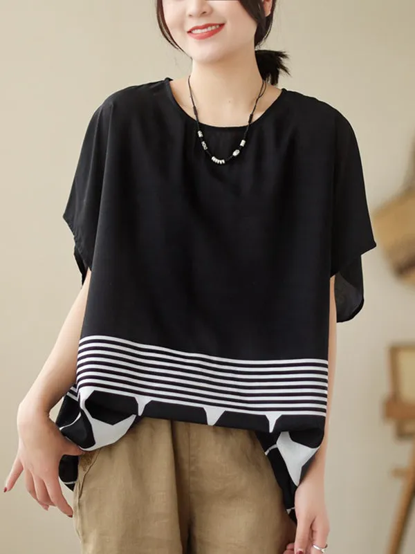 Loose Short Sleeves Polka Dot Split-Joint Striped Round-Neck T-Shirts Tops