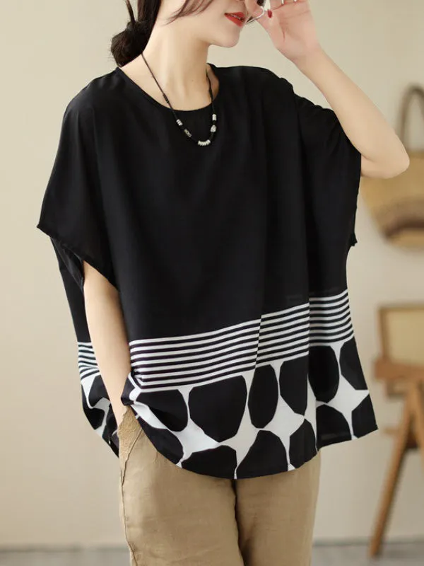 Loose Short Sleeves Polka Dot Split-Joint Striped Round-Neck T-Shirts Tops