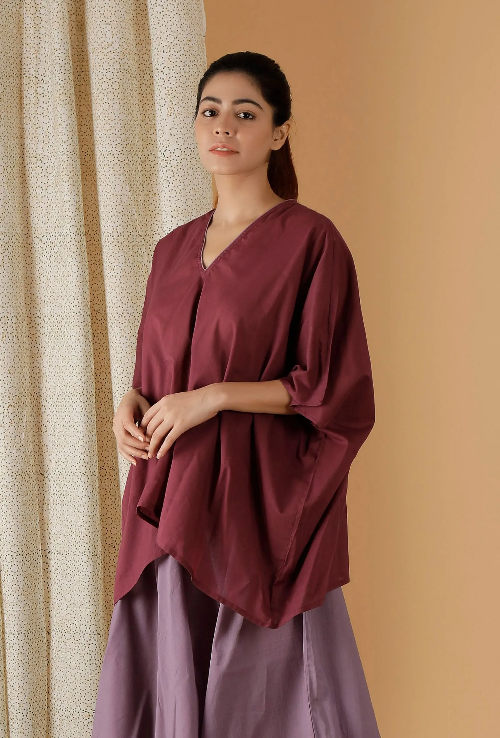 Mulmul Cotton Solid Plum Kaftan Top