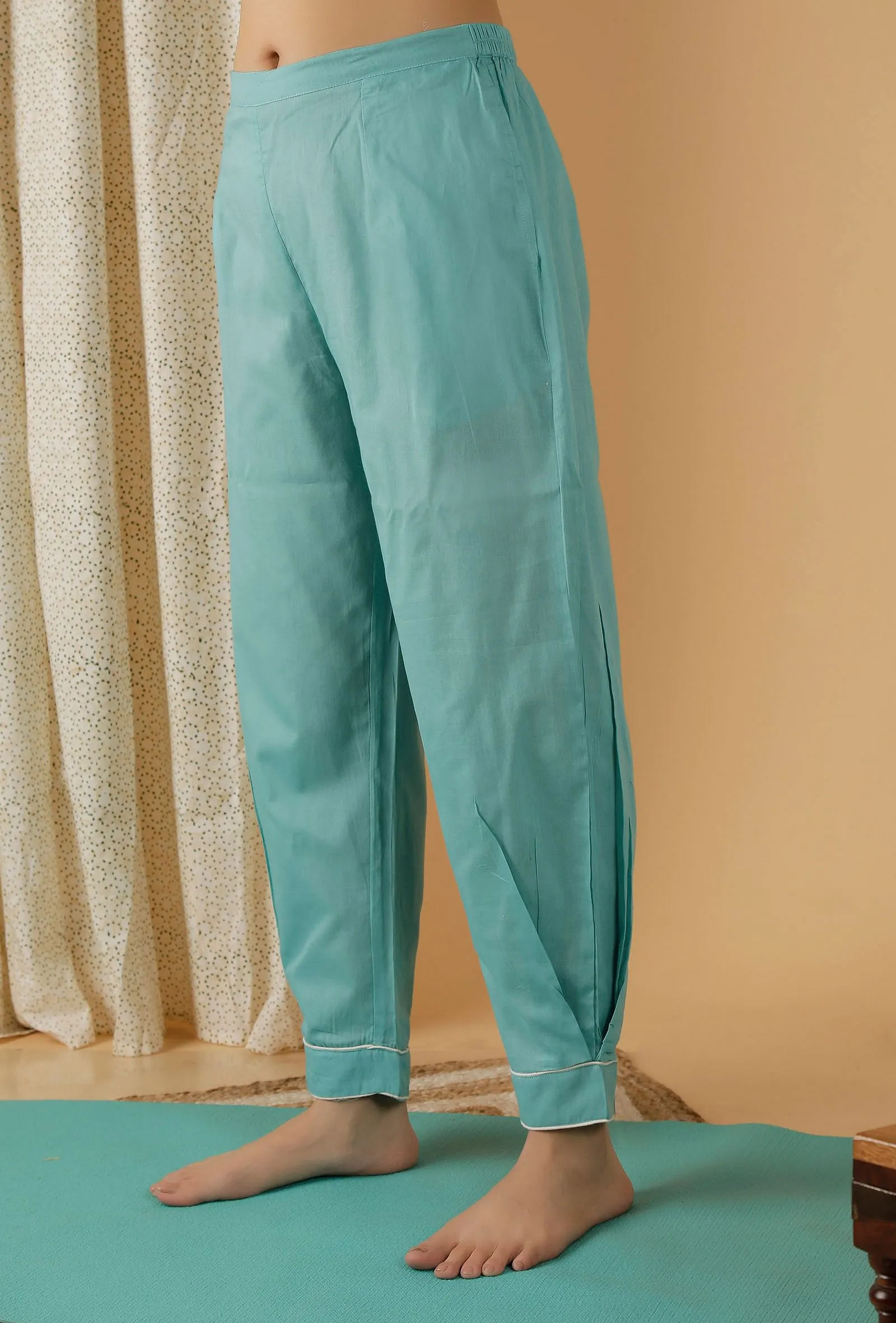 Mulmul Cotton Solid Turquoise Blue Straight Pants