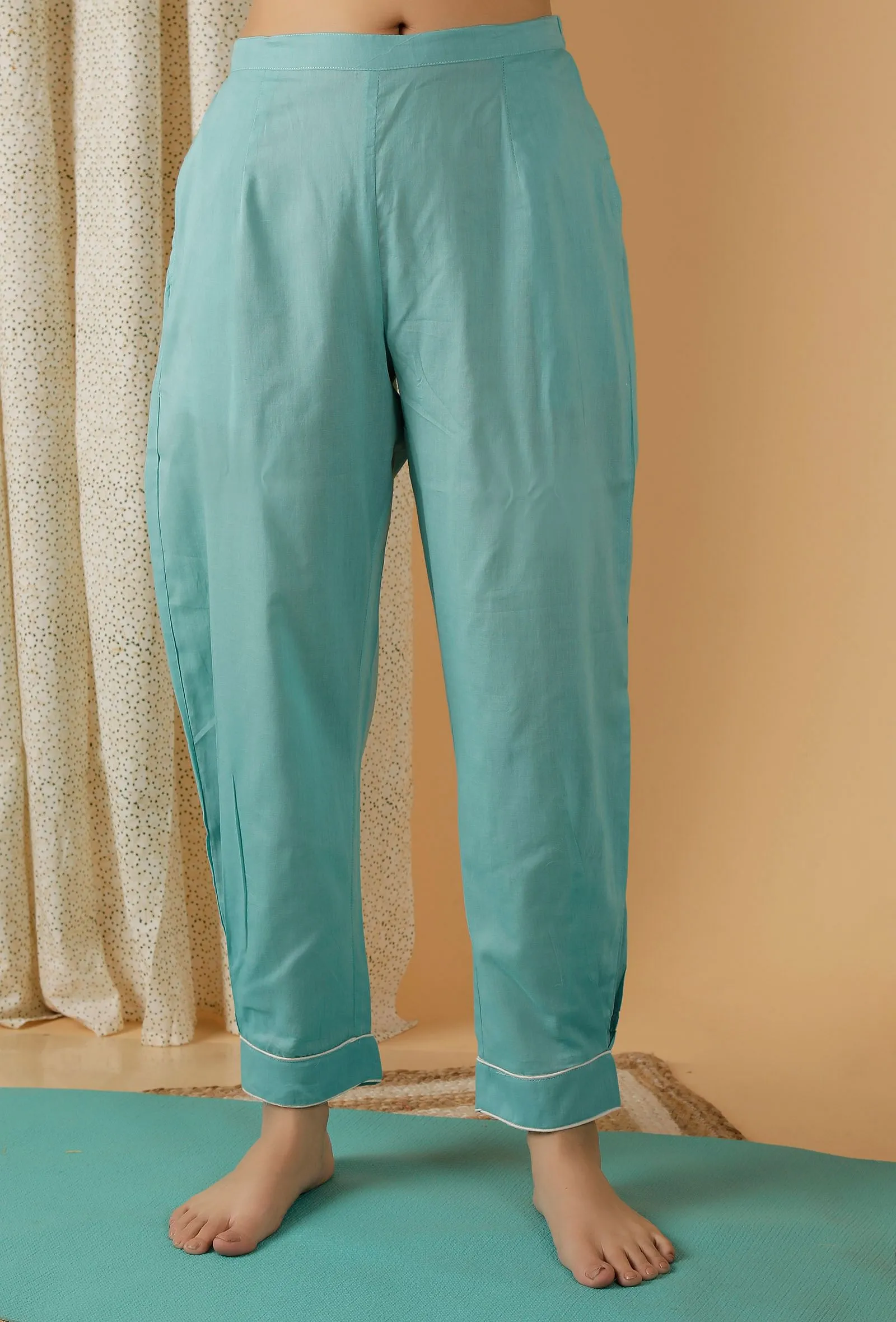 Mulmul Cotton Solid Turquoise Blue Straight Pants