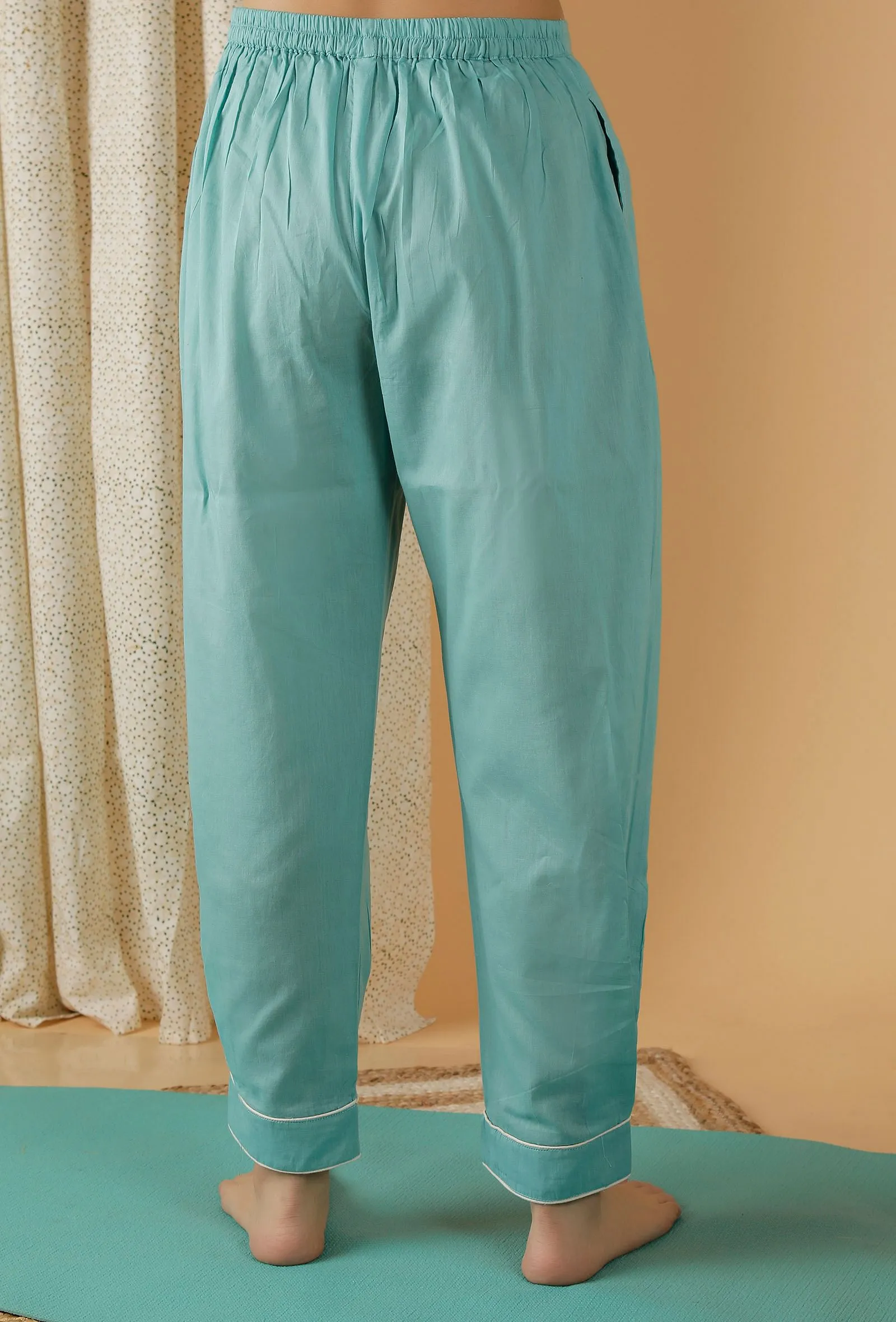 Mulmul Cotton Solid Turquoise Blue Straight Pants