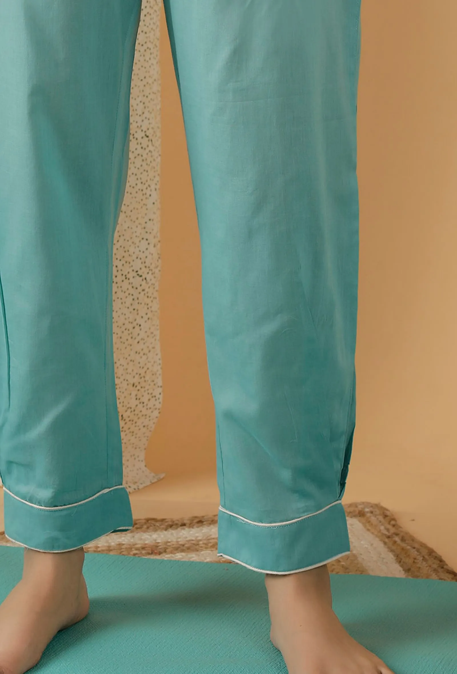 Mulmul Cotton Solid Turquoise Blue Straight Pants