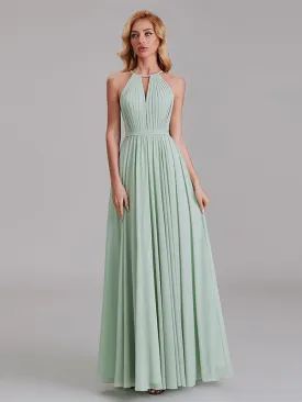 New Arrival A-Line Halter Chiffon Simple Floor-Length Bridesmaid Dress With Pleated