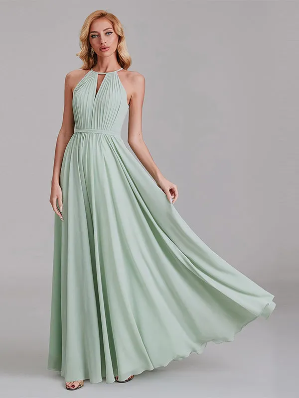 New Arrival A-Line Halter Chiffon Simple Floor-Length Bridesmaid Dress With Pleated