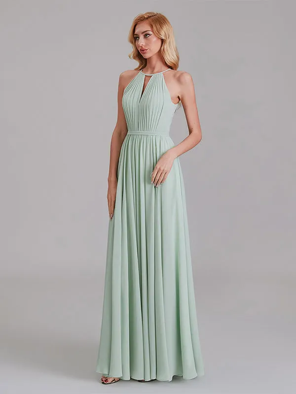 New Arrival A-Line Halter Chiffon Simple Floor-Length Bridesmaid Dress With Pleated