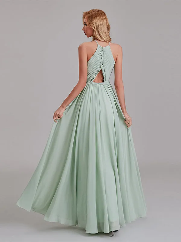 New Arrival A-Line Halter Chiffon Simple Floor-Length Bridesmaid Dress With Pleated